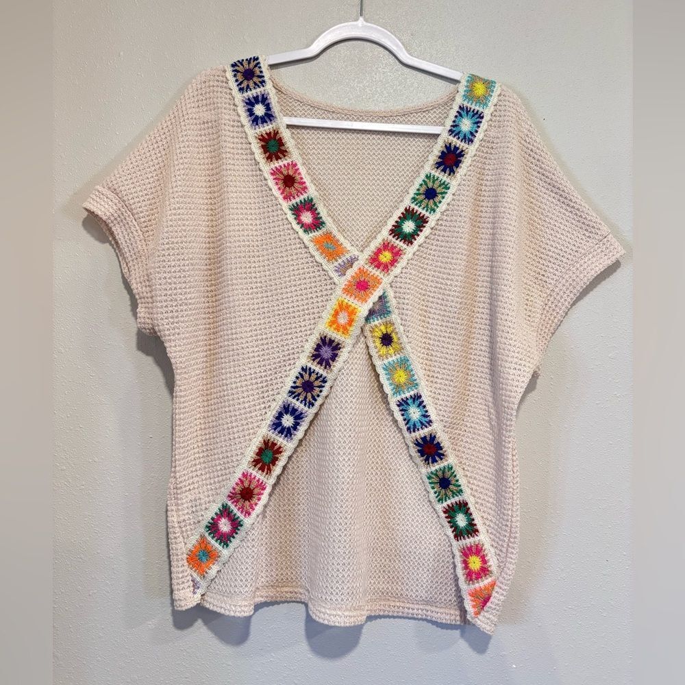 Boho Waffle Knit Top , Colorful Accents, Granny square criss cross